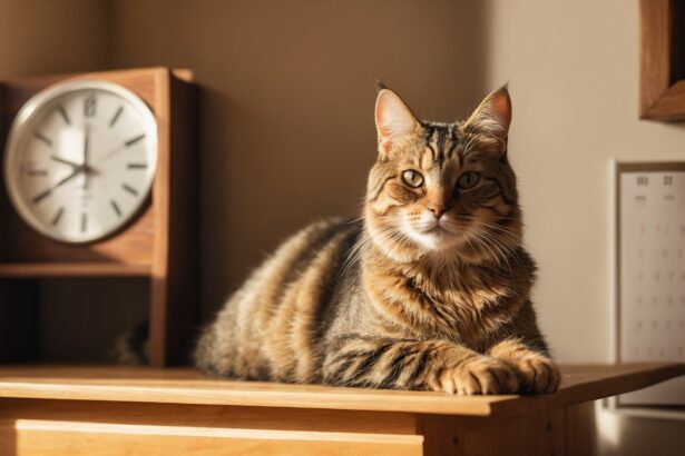 Chat tigré allongé sur un bureau en bois, éclairé par la lumière du jour, avec une horloge et un calendrier en arrière-plan.