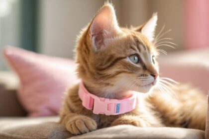Chat tigré au collier rose allongé sur un canapé beige, regardant sur le côté dans une lumière douce et chaleureuse.