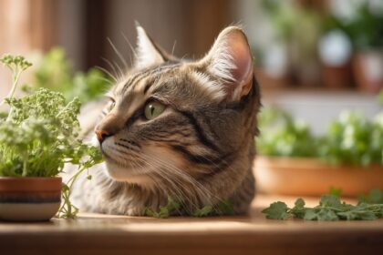 Chat tigré allongé sur une table en bois, entouré de pots de plantes vertes, observant calmement les herbes aromatiques.