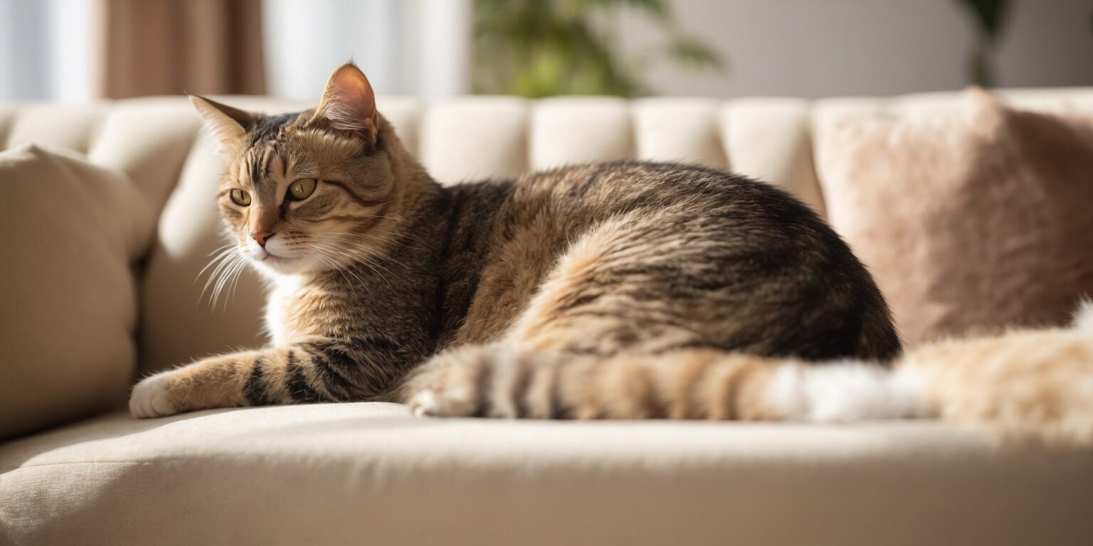 Chat tigré allongé sur un canapé beige, profitant de la lumière naturelle dans un intérieur cosy et lumineux.