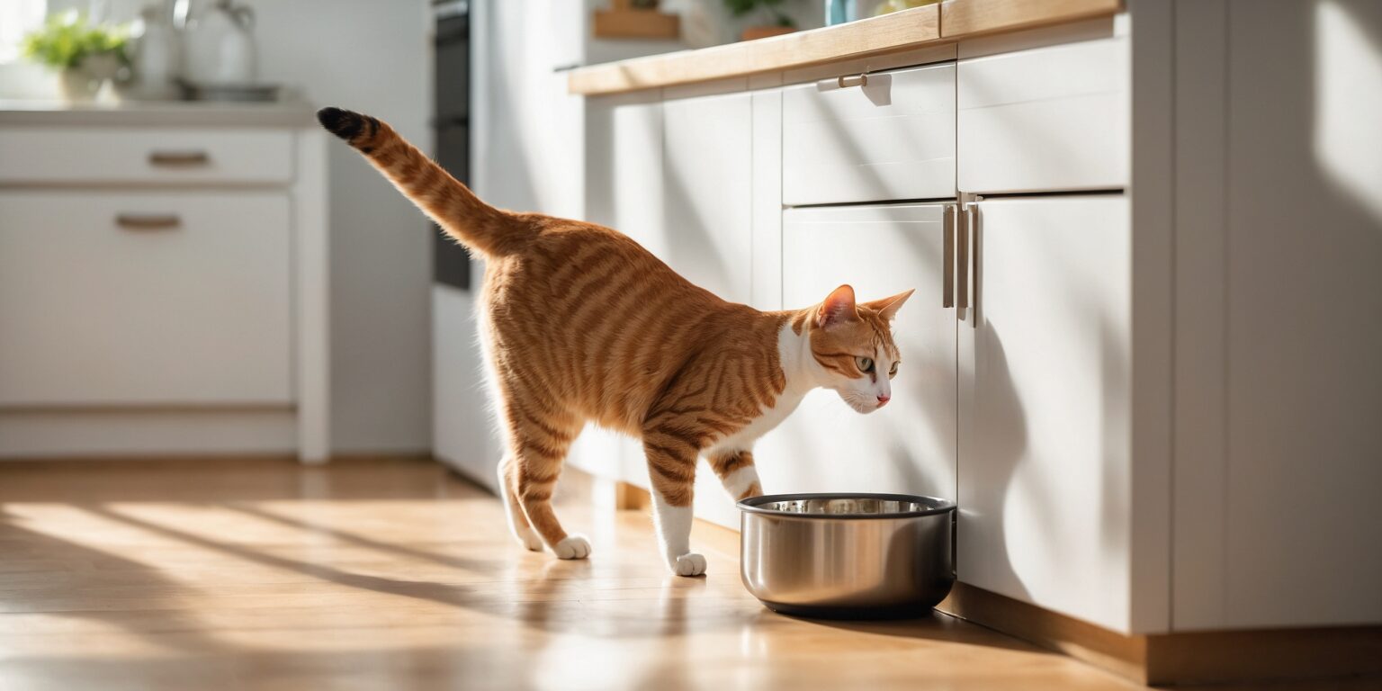 Chat tigré orange reniflant une gamelle en métal dans une cuisine ensoleillée au sol en bois clair.