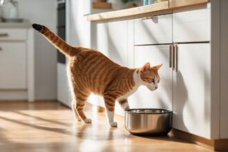 Chat tigré orange reniflant une gamelle en métal dans une cuisine ensoleillée au sol en bois clair.