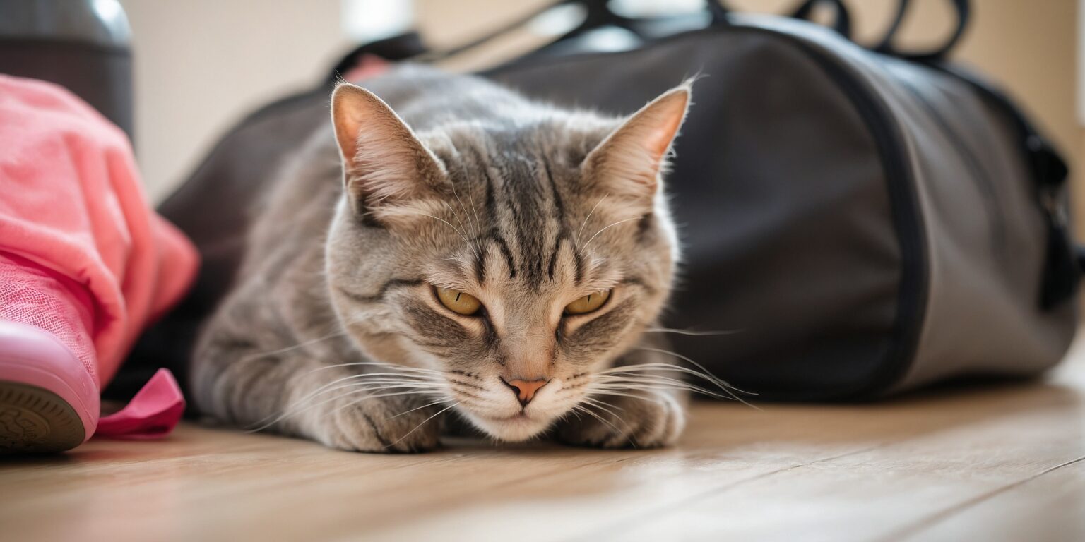 Chat tigré allongé au sol entre un sac de sport noir et une chaussure rose, regardant fixement devant lui.