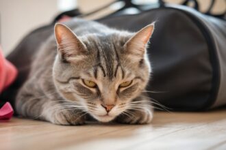 Chat tigré allongé au sol entre un sac de sport noir et une chaussure rose, regardant fixement devant lui.
