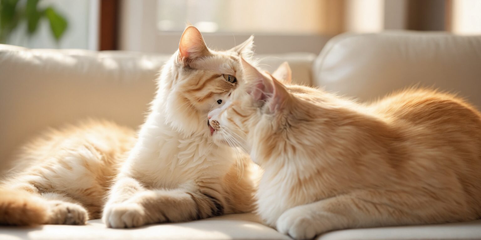 Deux chats à poils longs couleur crème se câlinent tendrement sur un canapé ensoleillé.