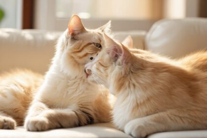 Deux chats à poils longs couleur crème se câlinent tendrement sur un canapé ensoleillé.