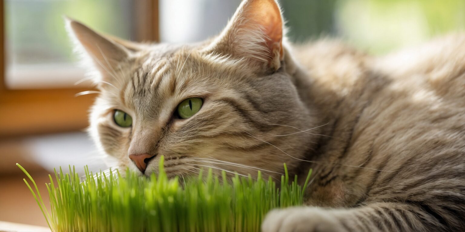 Chat tigré aux yeux verts allongé près d’une fenêtre, reniflant ou mâchouillant de l’herbe à chat fraîche.