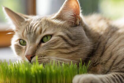 Chat tigré aux yeux verts allongé près d’une fenêtre, reniflant ou mâchouillant de l’herbe à chat fraîche.
