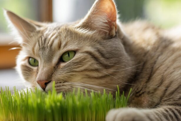 Chat tigré aux yeux verts allongé près d’une fenêtre, reniflant ou mâchouillant de l’herbe à chat fraîche.
