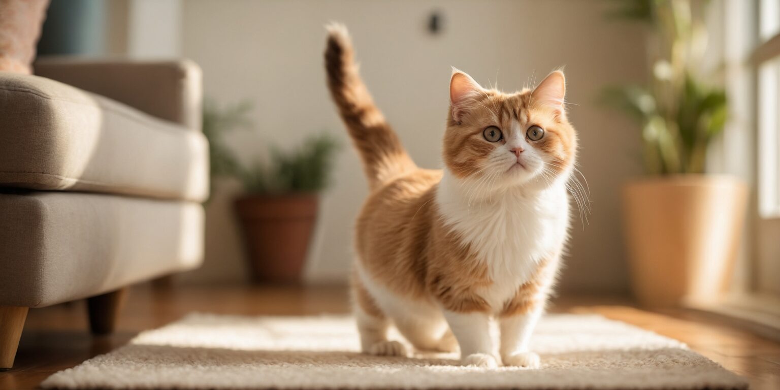 Chat roux et blanc debout sur un tapis dans un salon ensoleillé, avec un canapé et une plante en arrière-plan.