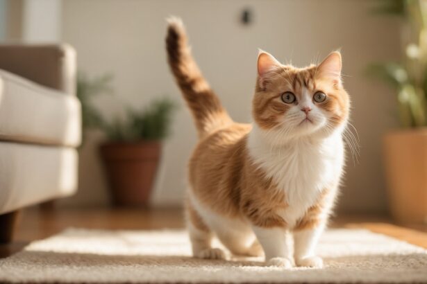 Chat roux et blanc debout sur un tapis dans un salon ensoleillé, avec un canapé et une plante en arrière-plan.