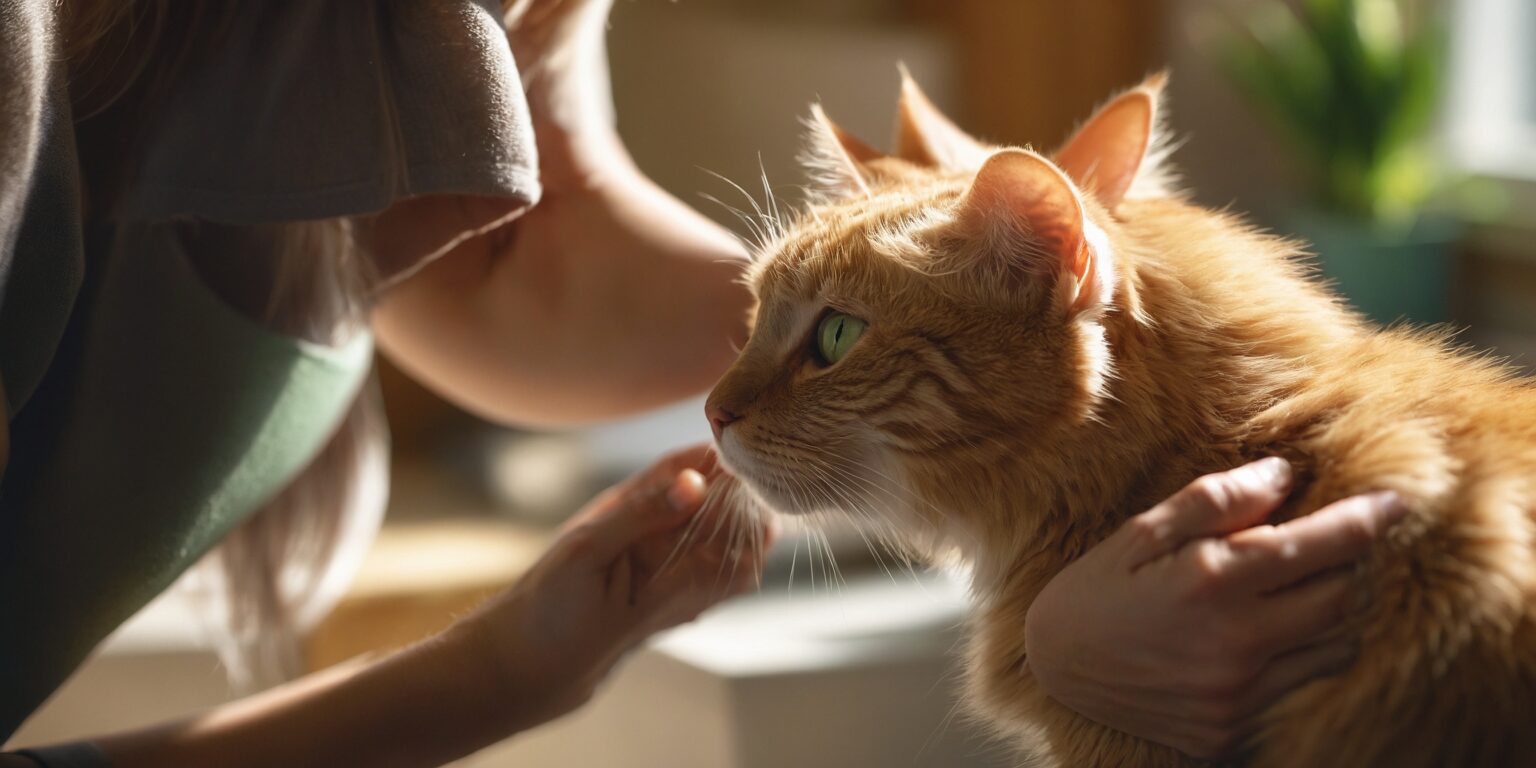 Chat roux aux yeux verts caressé doucement par une personne, éclairé par une douce lumière naturelle.