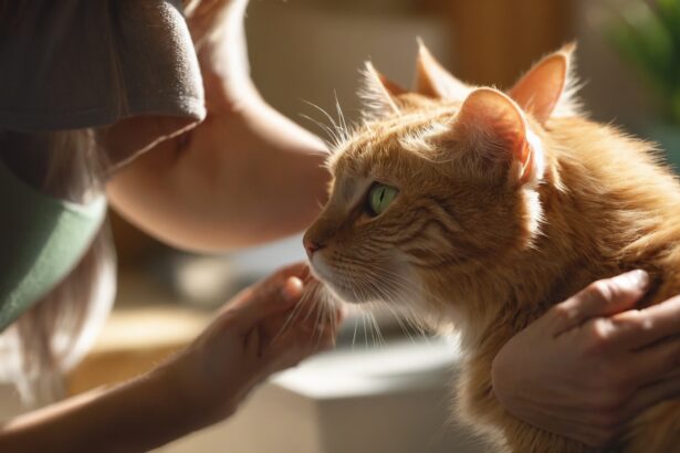 Chat roux aux yeux verts caressé doucement par une personne, éclairé par une douce lumière naturelle.