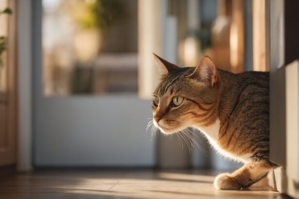 Chat tigré attentif dans un intérieur lumineux, près d'une porte ouverte, observant son environnement avec curiosité.