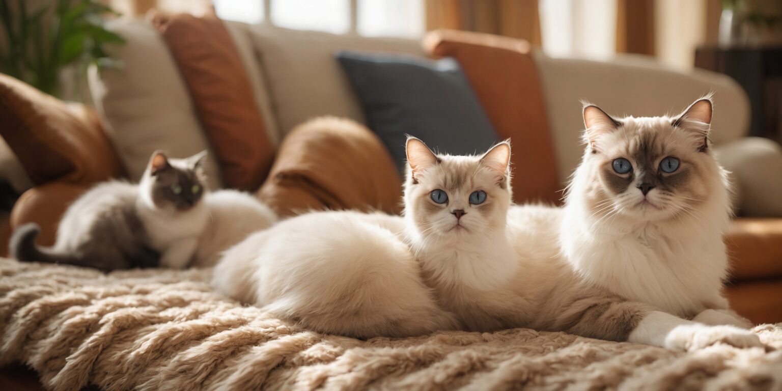Trois chats de race aux yeux bleus reposent sur un plaid en fourrure, dans un salon chaleureux et lumineux.