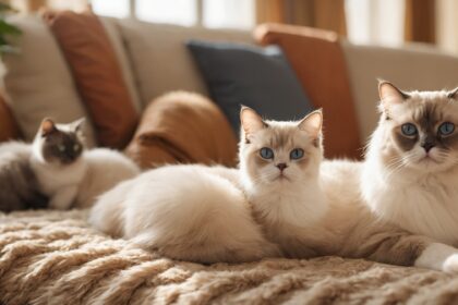 Trois chats ragdoll aux yeux bleus reposent sur un plaid moelleux dans un salon cosy baigné de lumière naturelle.