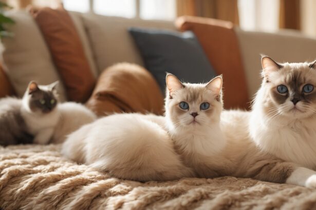Trois chats de race aux yeux bleus reposent sur un plaid en fourrure, dans un salon chaleureux et lumineux.