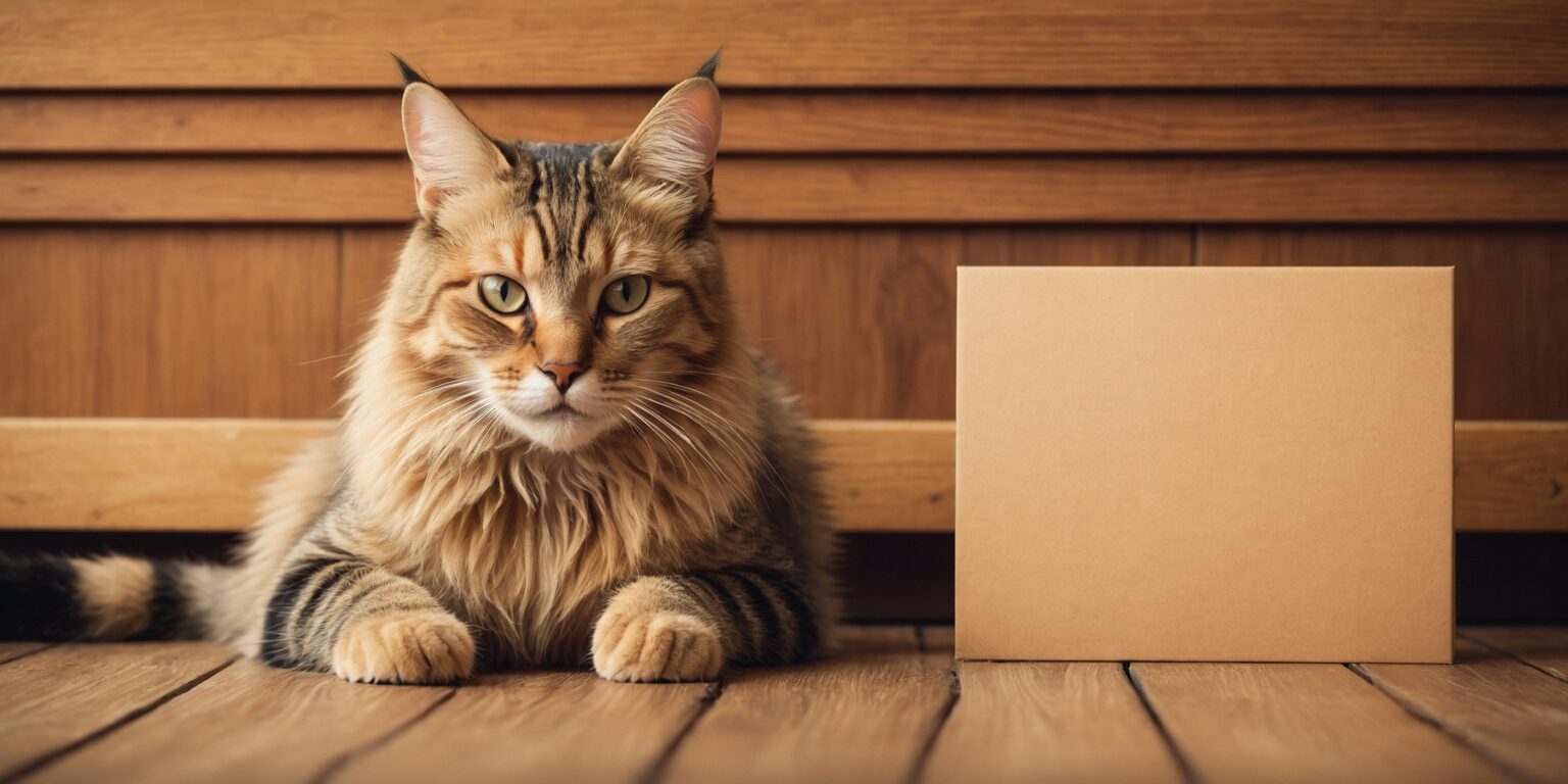 Chat allongé près d’un carton vide, regard sérieux, évoquant une scène humoristique typique de cat shaming.