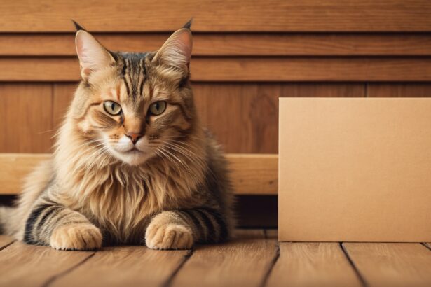 Chat allongé près d’un carton vide, regard sérieux, évoquant une scène humoristique typique de cat shaming.