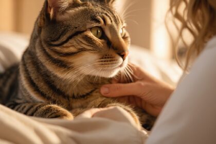 Chat tigré allongé sur un lit, caressé tendrement, illustrant les idées reçues sur les chats et leur besoin d’affection.