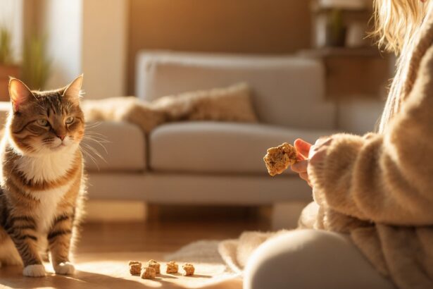 Femme en pull tendant une friandise à un chat assis, illustrant une méthode douce pour dresser un chat à la maison.