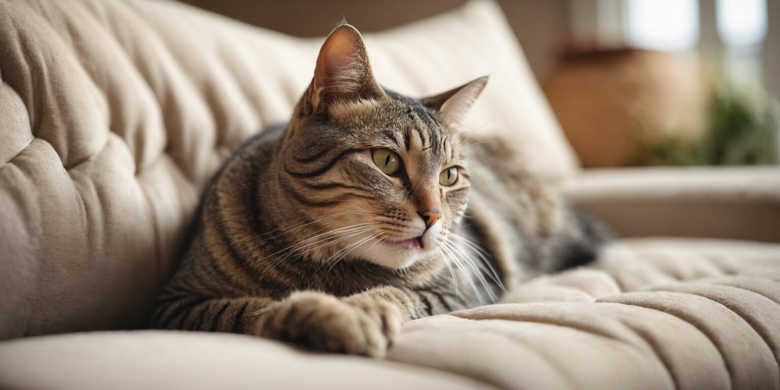 Chat tigré allongé sur un canapé beige, regardant au loin avec la langue légèrement sortie.