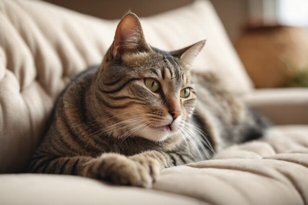 Chat tigré allongé sur un canapé beige, regardant au loin avec la langue légèrement sortie.
