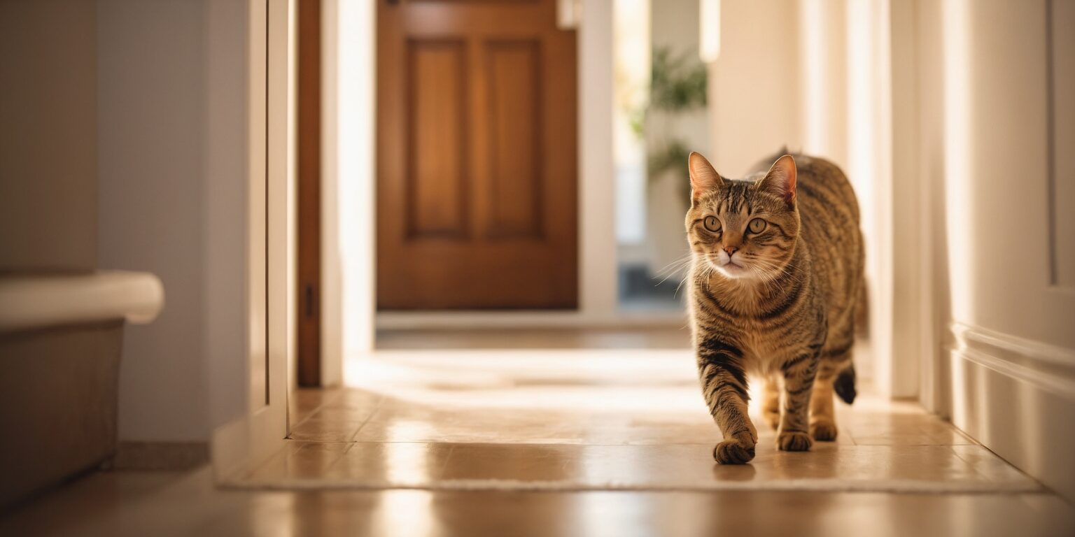 Chat tigré marchant dans un couloir ensoleillé, illustrant l’idée que mon chat me suit partout dans la maison.
