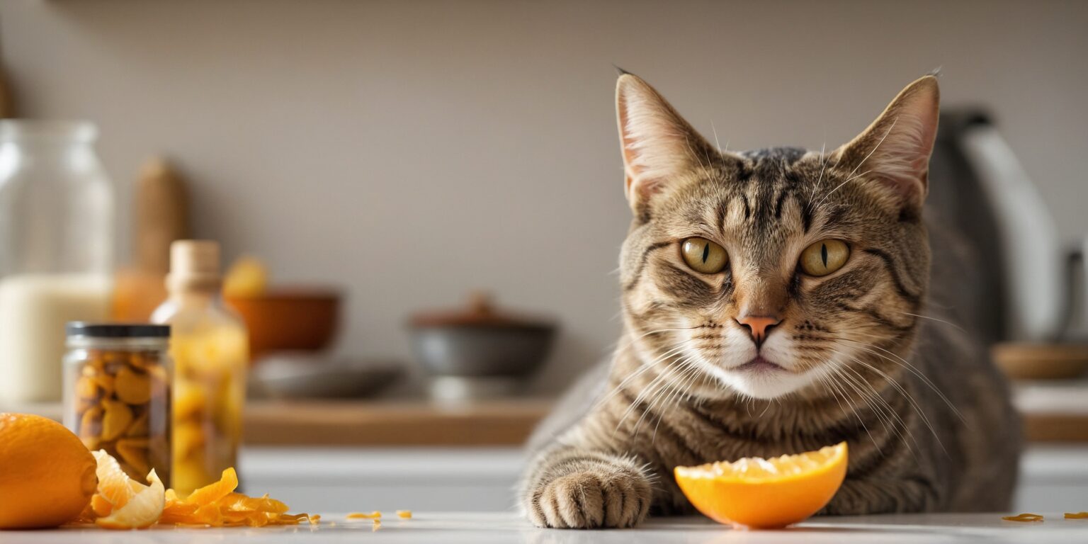 Chat allongé près d’une orange coupée, illustrant les odeurs que les chats détestent comme les agrumes.