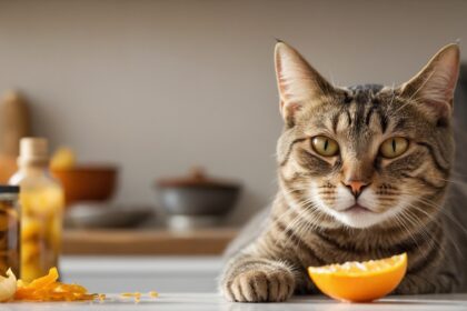 Chat allongé près d’une orange coupée, illustrant les odeurs que les chats détestent comme les agrumes.