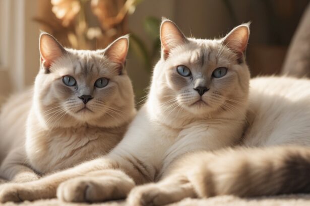 Deux chats crème aux yeux bleus, allongés côte à côte près d’une fenêtre, illustrent des races de chat élégantes et calmes.