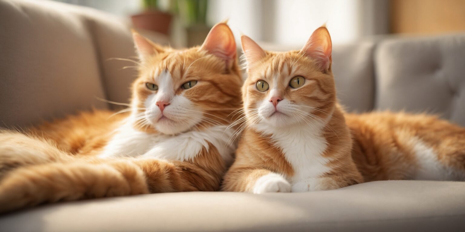 Deux chats roux allongés côte à côte sur un canapé beige, regardant calmement dans la même direction.