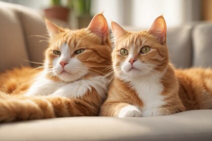 Deux chats roux allongés côte à côte sur un canapé beige, regardant calmement dans la même direction.