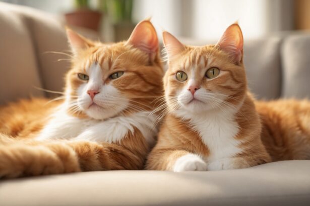 Deux chats roux allongés côte à côte sur un canapé beige, regardant calmement dans la même direction.