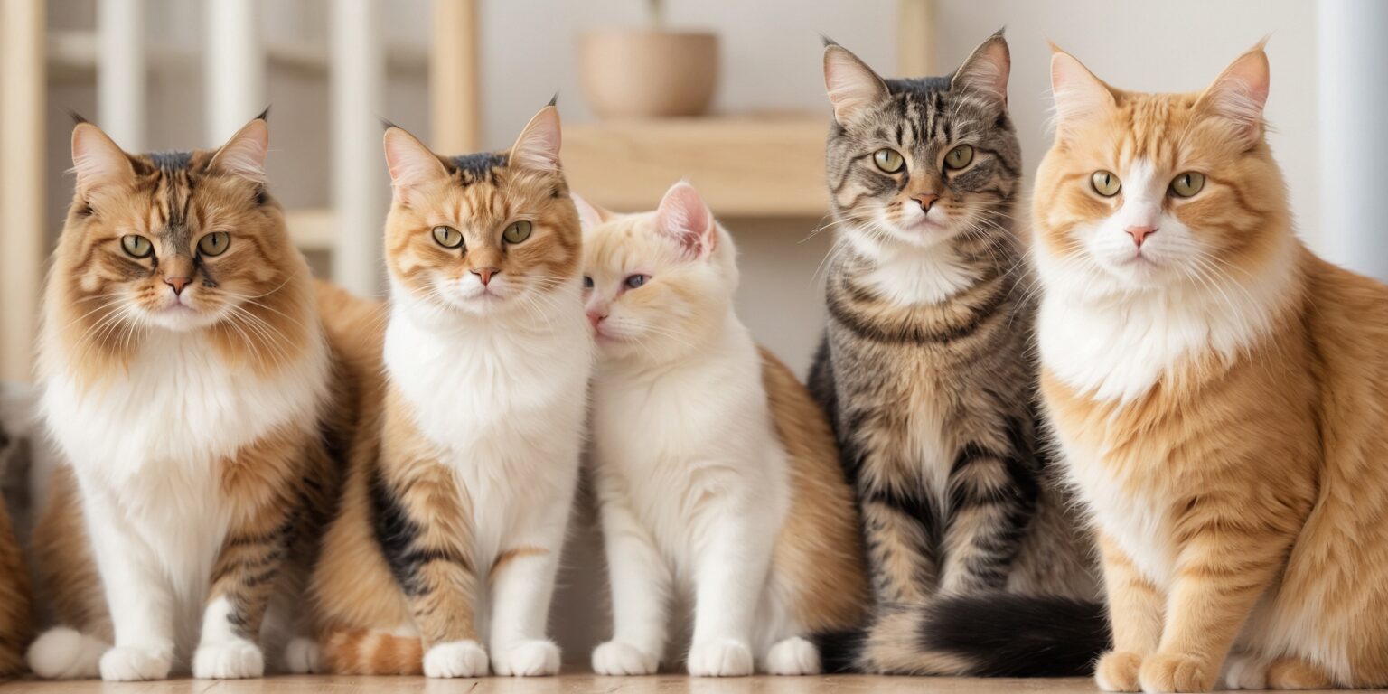 Cinq chats de races de chats différentes aux pelages variés sont assis côte à côte dans un intérieur lumineux.