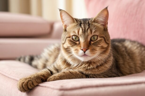 Chat en bonne santé allongé sur un canapé rose, regard vif et pelage rayé soigneusement entretenu.