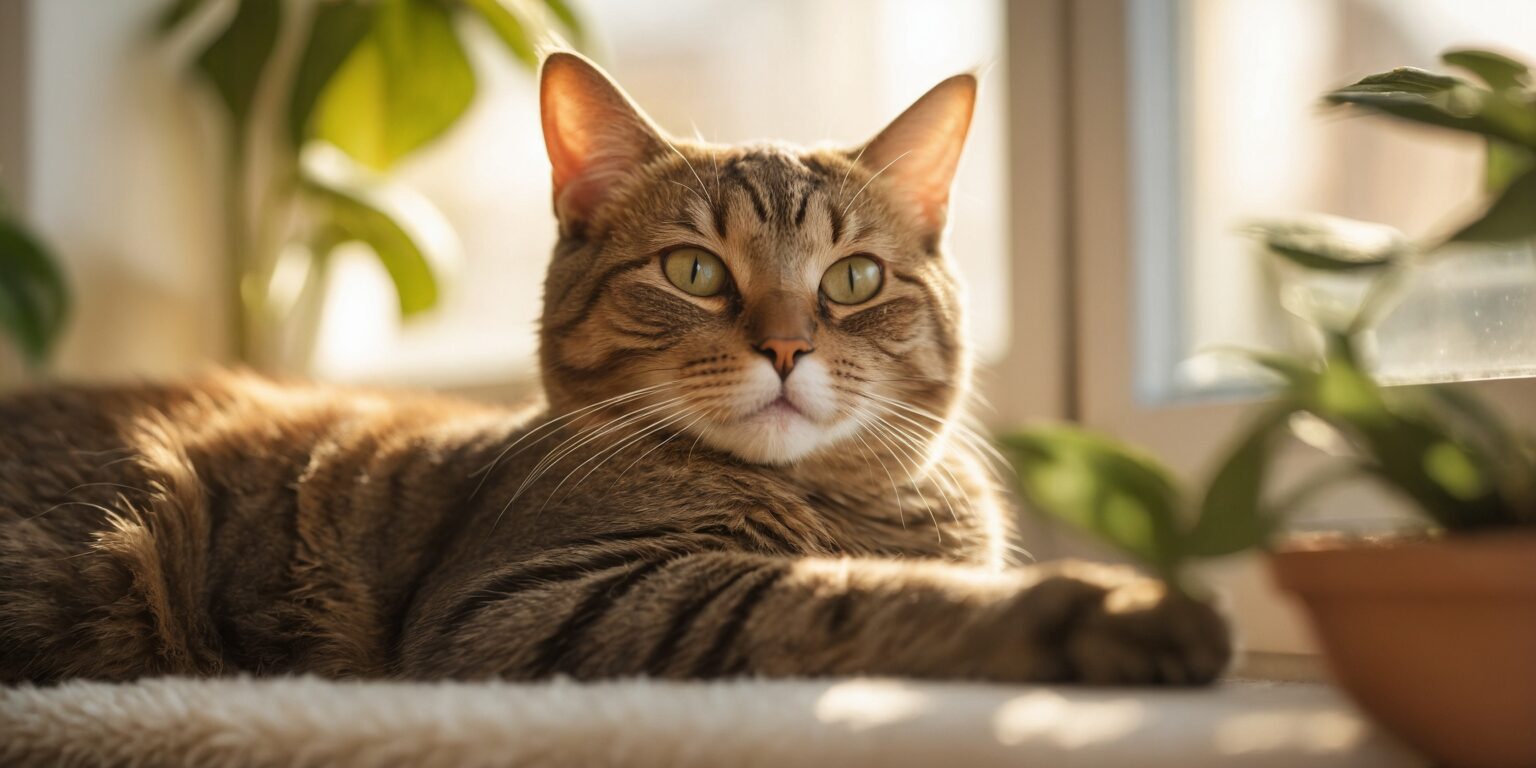 Le chat tigré allongé près d’une fenêtre ensoleillée regarde calmement, entouré de plantes vertes.