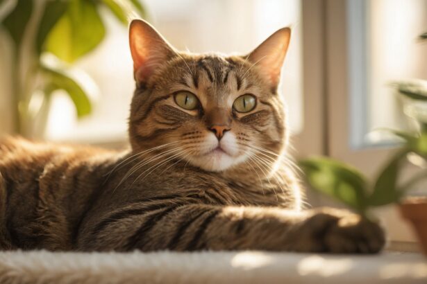 Le chat tigré allongé près d’une fenêtre ensoleillée regarde calmement, entouré de plantes vertes.