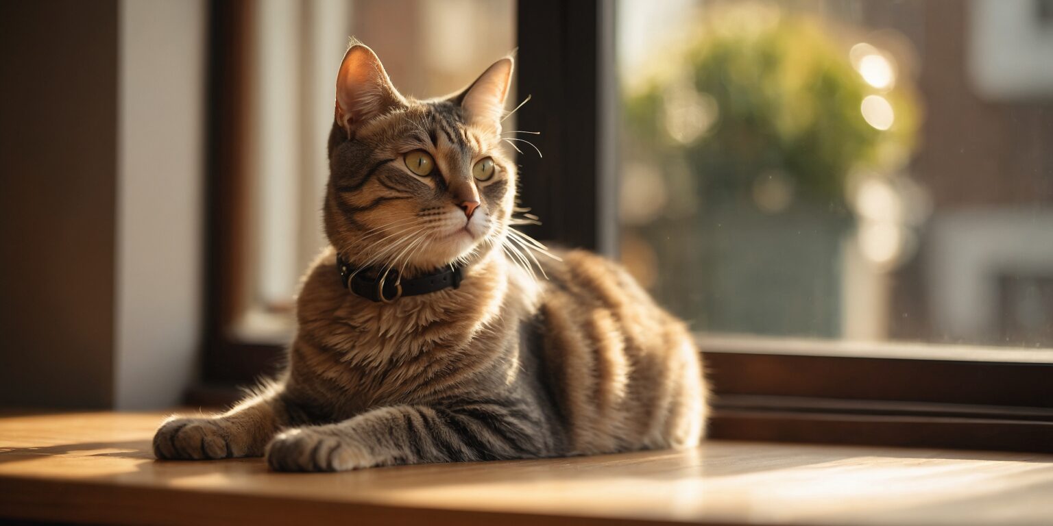 Chat tigré allongé près d’une fenêtre ensoleillée, portant un collier noir, parfait pour inspirer un nom de chat mâle.