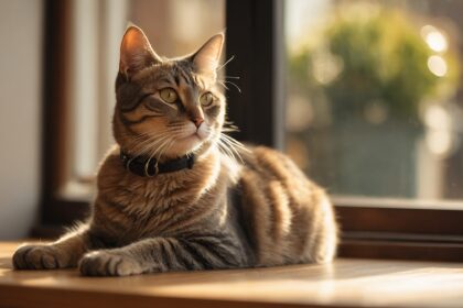 Chat tigré allongé près d’une fenêtre ensoleillée, portant un collier noir, parfait pour inspirer un nom de chat mâle.