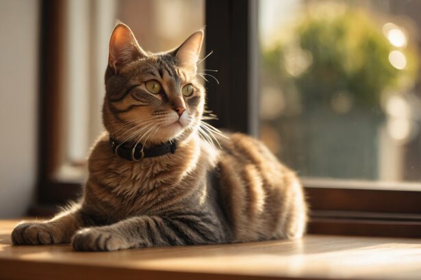Chat tigré allongé près d’une fenêtre ensoleillée, portant un collier noir, parfait pour inspirer un nom de chat mâle.
