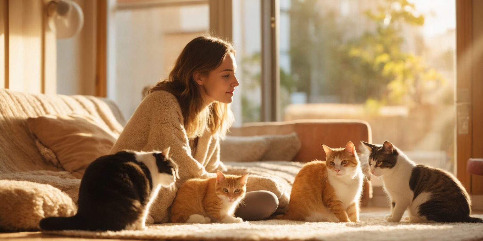 Une femme assise au sol interagit tendrement avec cinq coco chats dans un salon baigné de lumière douce.