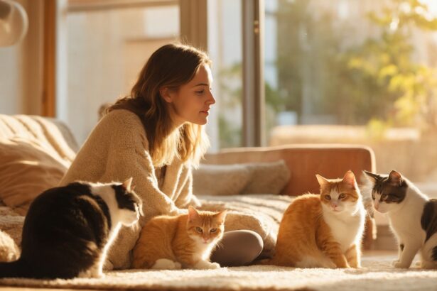 Une femme assise au sol interagit tendrement avec cinq coco chats dans un salon baigné de lumière douce.