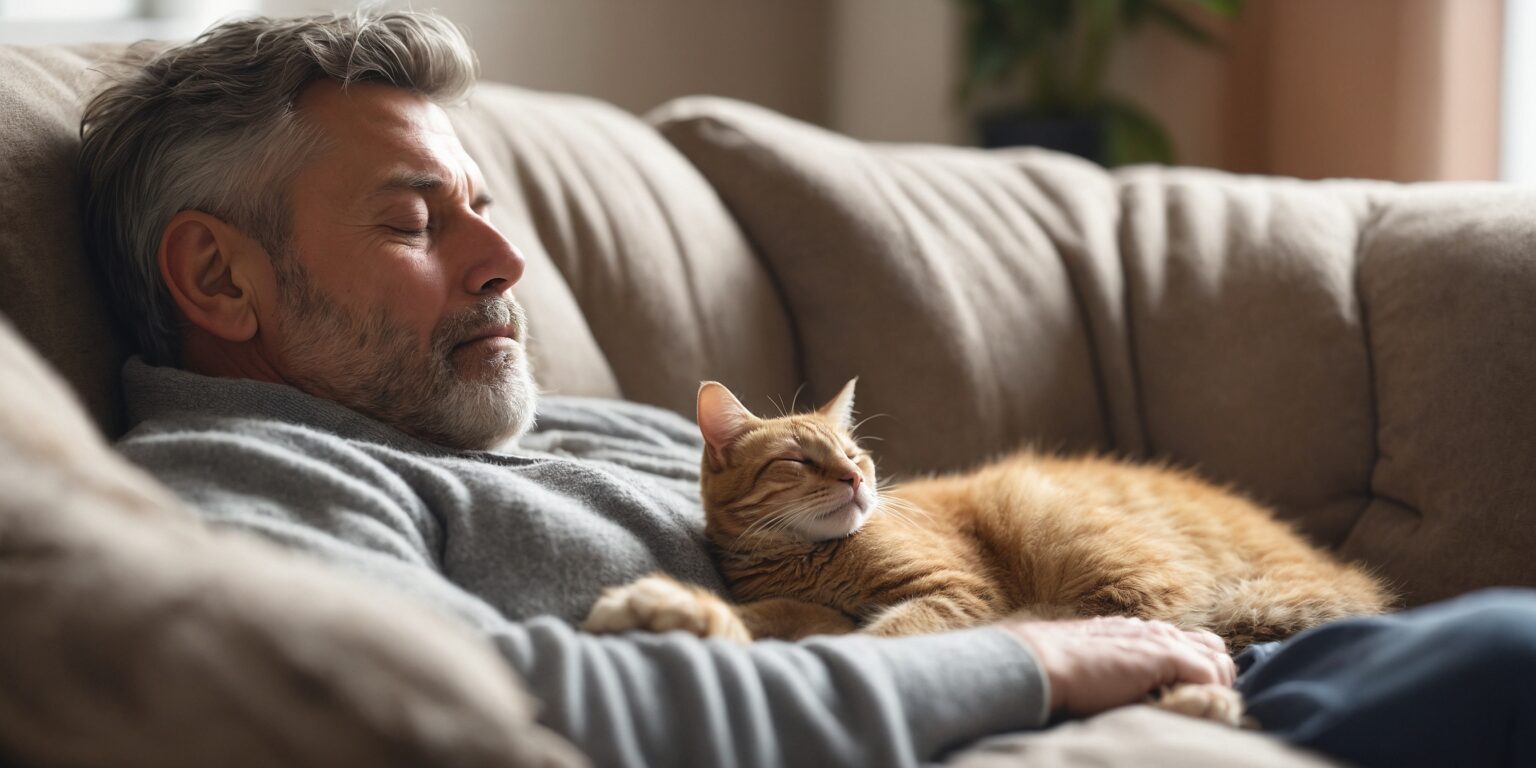 Un des papas de chat dort paisiblement sur un canapé avec son chat roux blotti contre lui, tous deux sereins.