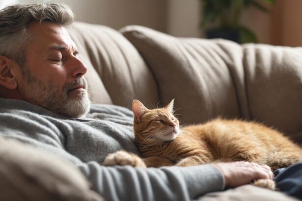 Un des papas de chat dort paisiblement sur un canapé avec son chat roux blotti contre lui, tous deux sereins.