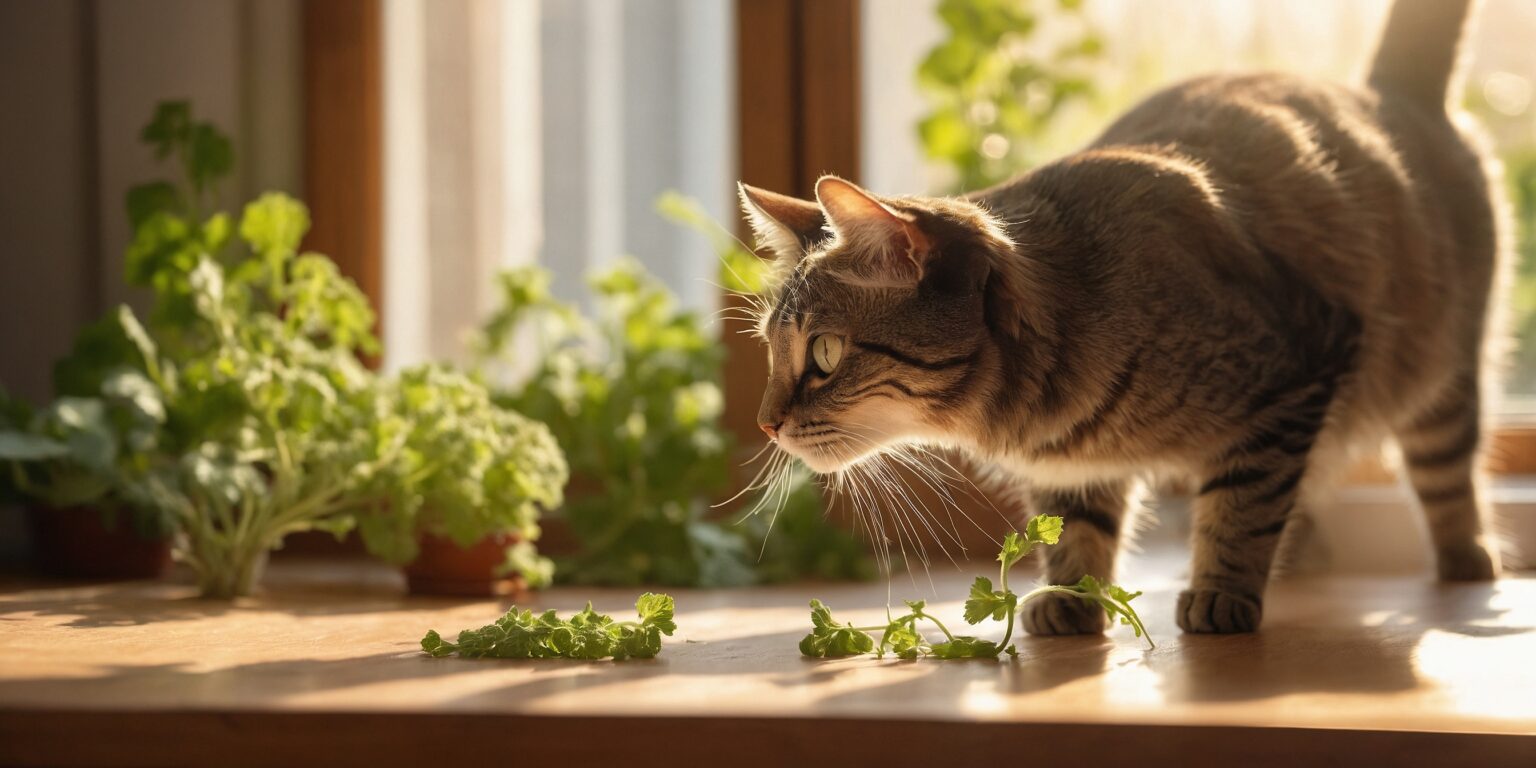 Chat tigré reniflant de la coriandre fraîche sur une table en bois, baignée de lumière naturelle près d’une fenêtre.