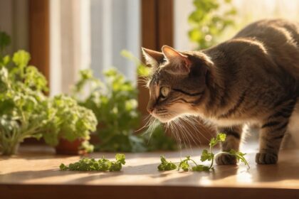 Chat tigré reniflant de la coriandre fraîche sur une table en bois, baignée de lumière naturelle près d’une fenêtre.
