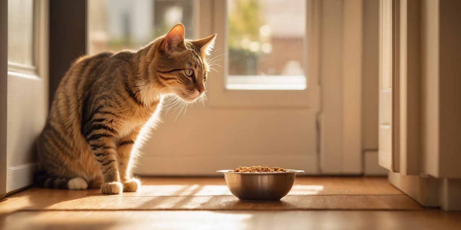Chat tigré observant une gamelle de croquettes posée au sol, baigné par la lumière du soleil entrant par une porte vitrée.