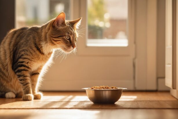 Chat tigré observant une gamelle de croquettes posée au sol, baigné par la lumière du soleil entrant par une porte vitrée.