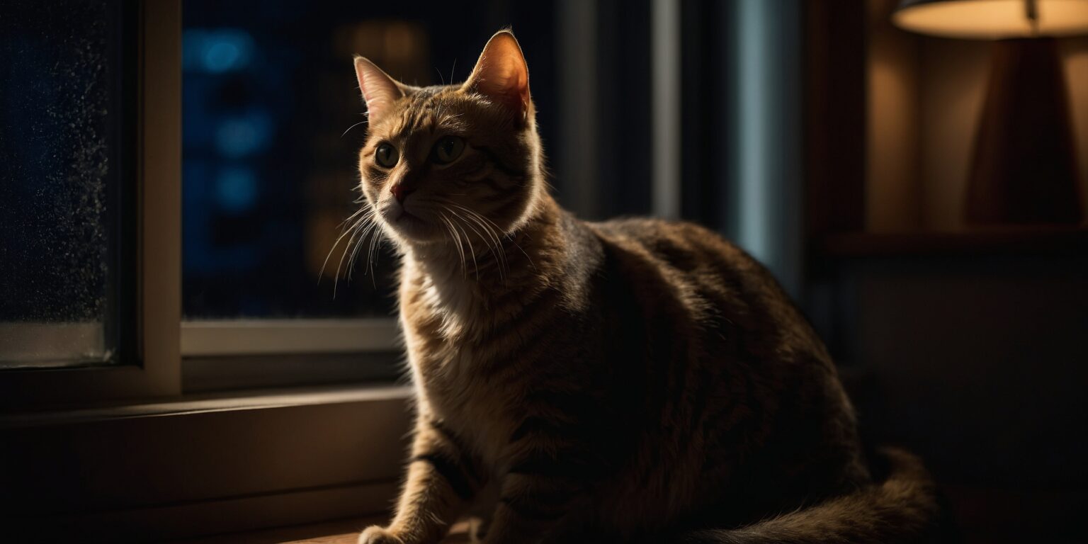 Chat tigré assis près d’une fenêtre la nuit, éclairé par une lampe, regardant dehors avec curiosité.
